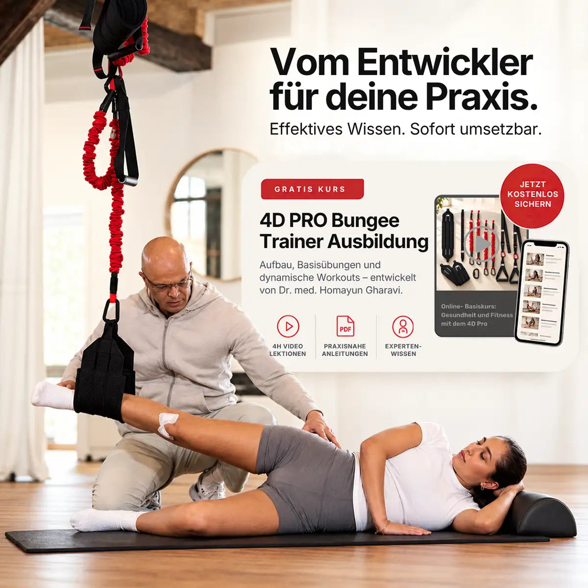4D PRO Bungee Trainer: Patientin in Seitenlage, Bein in der Fußschlaufe, Entwickler korrigiert. Online-Basiskurs gratis zum Basistrainer