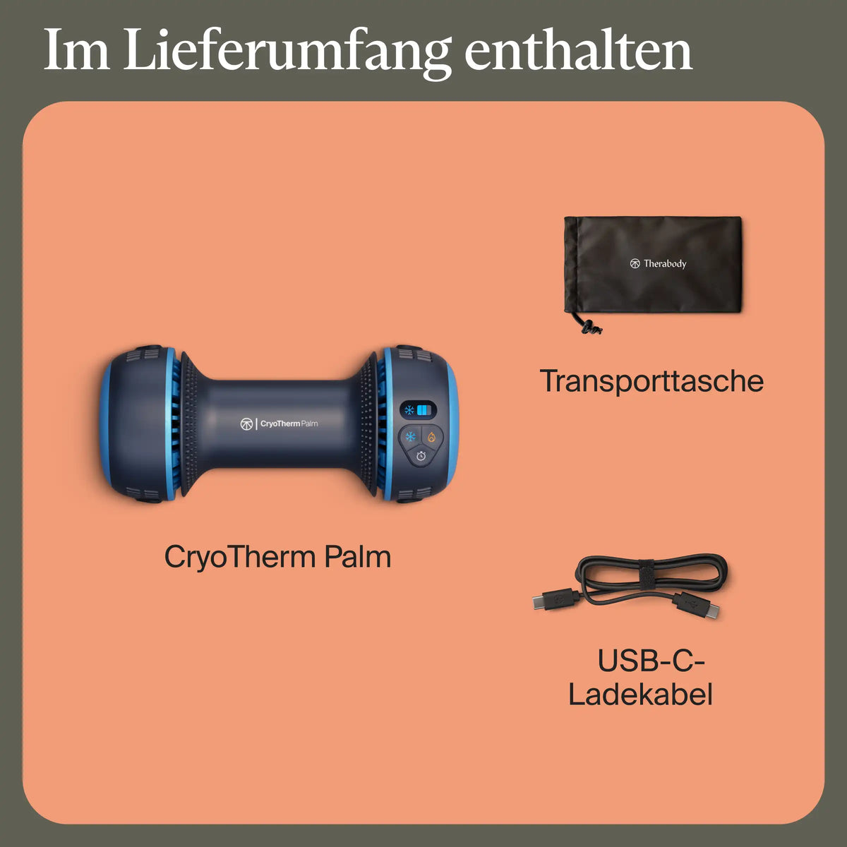 Lieferumfang Therabody CryoTherm Palm: Kühl- und Wärmegerät, Transporttasche und USB-C-Ladekabel auf orangefarbenem Hintergrund