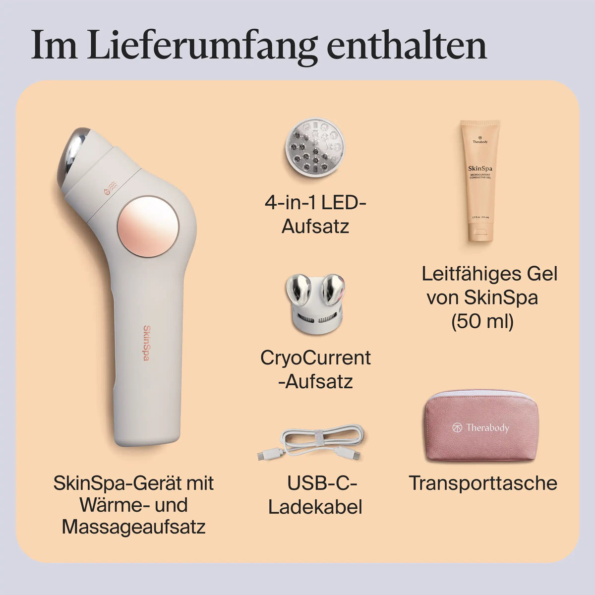Lieferumfang Therabody SkinSpa PRO Gesichtspflegegerät: SkinSpa-Gerät mit Wärme- und Massageaufsatz, 4-in-1-LED-Aufsatz, CryoCurrent-Aufsatz, leitfähiges Gel von SkinSpa (50 ml), USB-C-Ladekabel und rosa Transporttasche