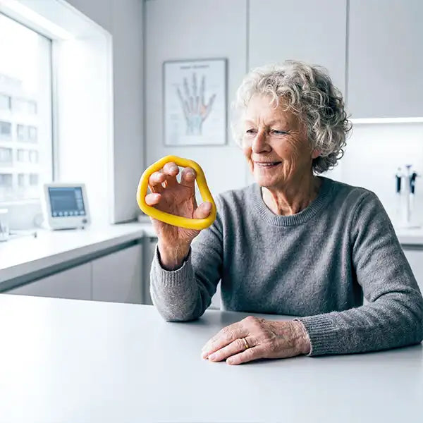 Frau trainiert die Handmuskulatur mit TheraBand Theraputty in einer hellen Praxis