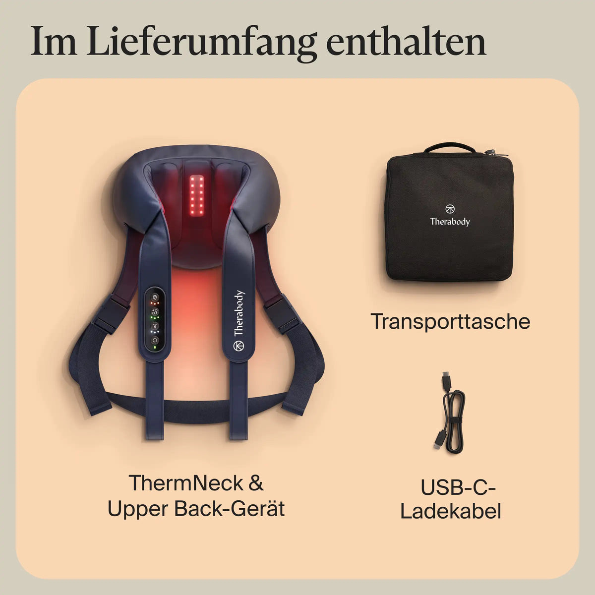 Lieferumfang Therabody ThermNeck & Upper Back Nackenmassagegerät: das ThermNeck & Upper Back-Gerät, schwarze Transporttasche und USB-C-Ladekabel