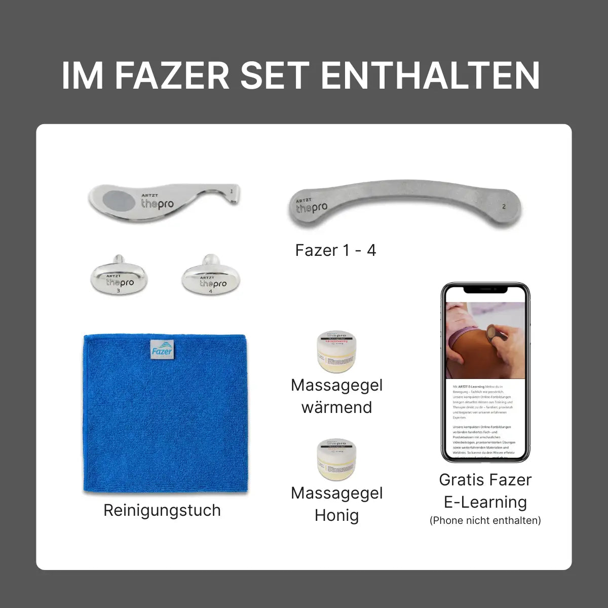 Übersicht aller Produkte im ARTZT thepro Fazer Set: die vier Fazer-Tools 1 bis 4, ein blaues Reinigungstuch, wärmendes Massagegel, Massagegel mit Honig sowie der Zugriff auf das Fazer E-Learning (Smartphone nicht enthalten). Die Abbildung zeigt alle Bestandteile klar angeordnet auf hellem Hintergrund.