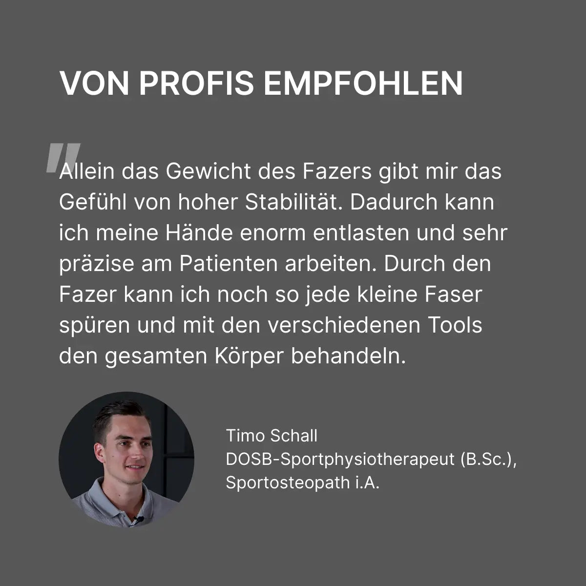 Testimonial-Grafik zum ARTZT thepro Fazer mit Zitat eines professionellen Anwenders über die hohe Stabilität, präzise Arbeit am Patienten und die spürbare Faserdifferenzierung durch die Tools; rechts daneben ein Porträtfoto des sprechenden Fachanwenders.