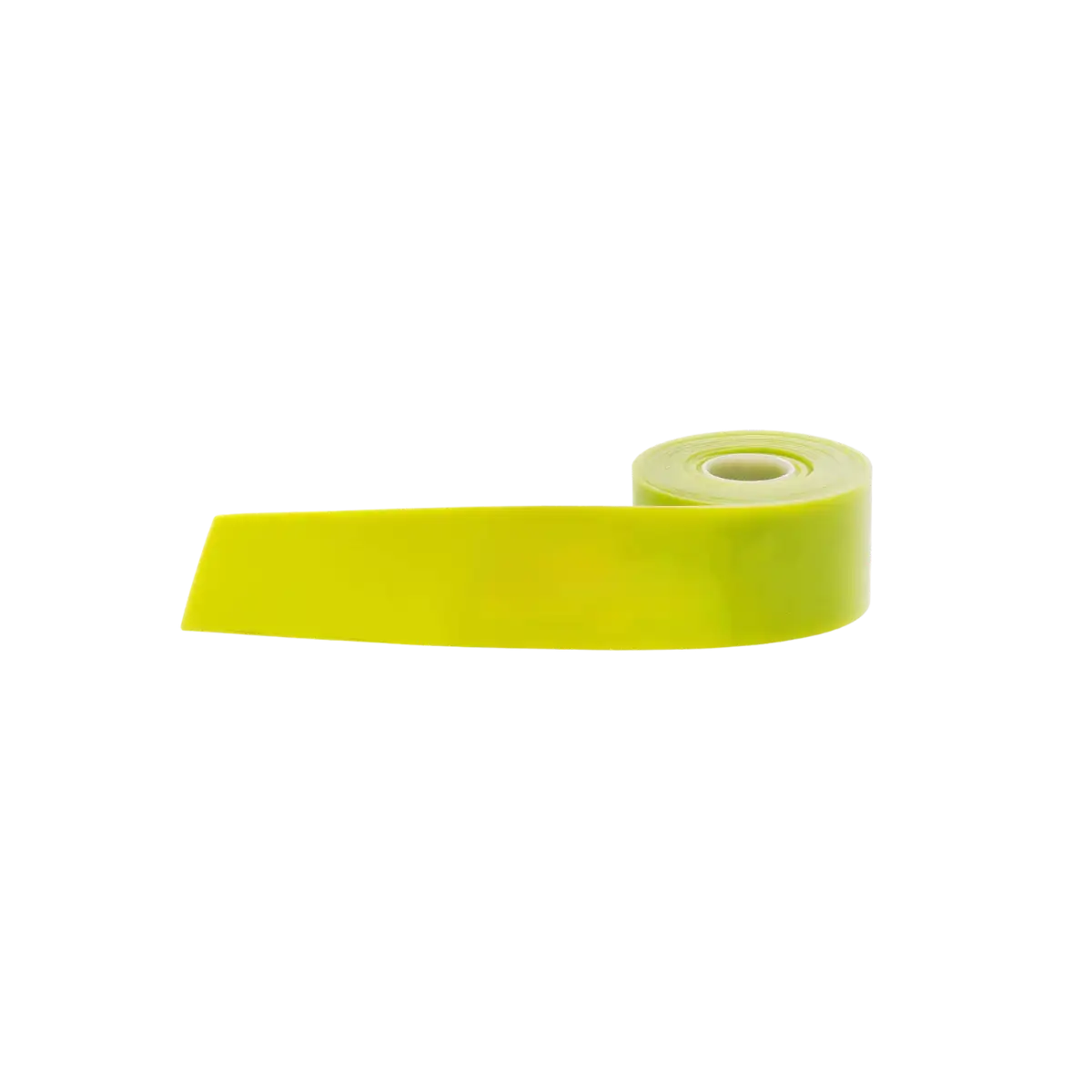 Ein grünes, halb aufgerolltes Flossband auf transparentem Grund.