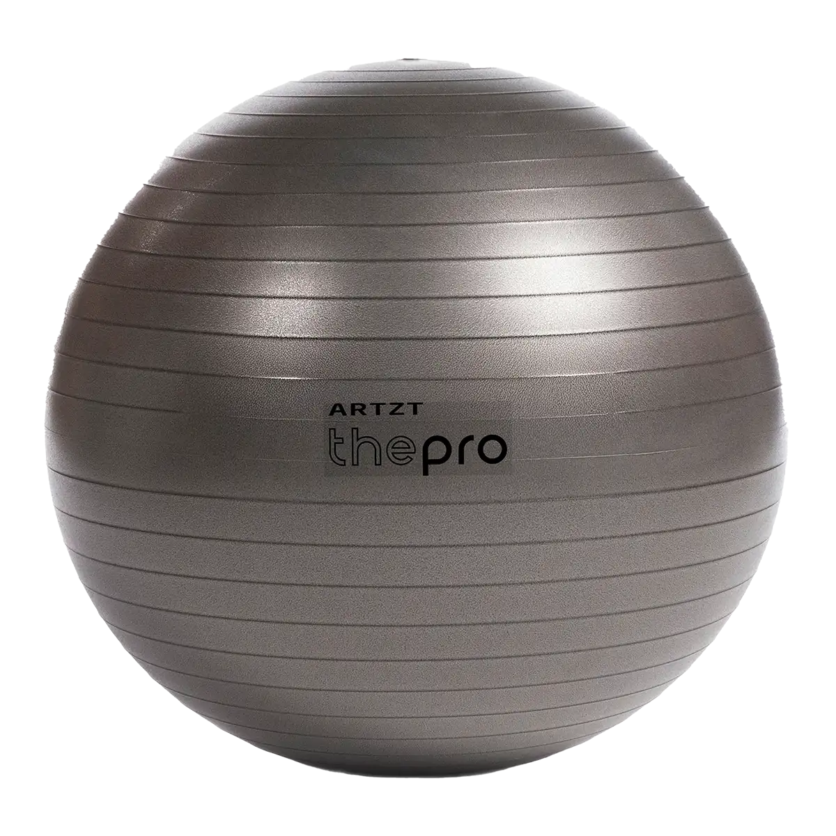 Freigestellter grauer Gymnastikball der Marke ARTZT thepro mit gerippter Oberfläche und zentral platziertem Logo; das Produkt ist frontal dargestellt und eignet sich für Training, Therapie und Sitzübungen.