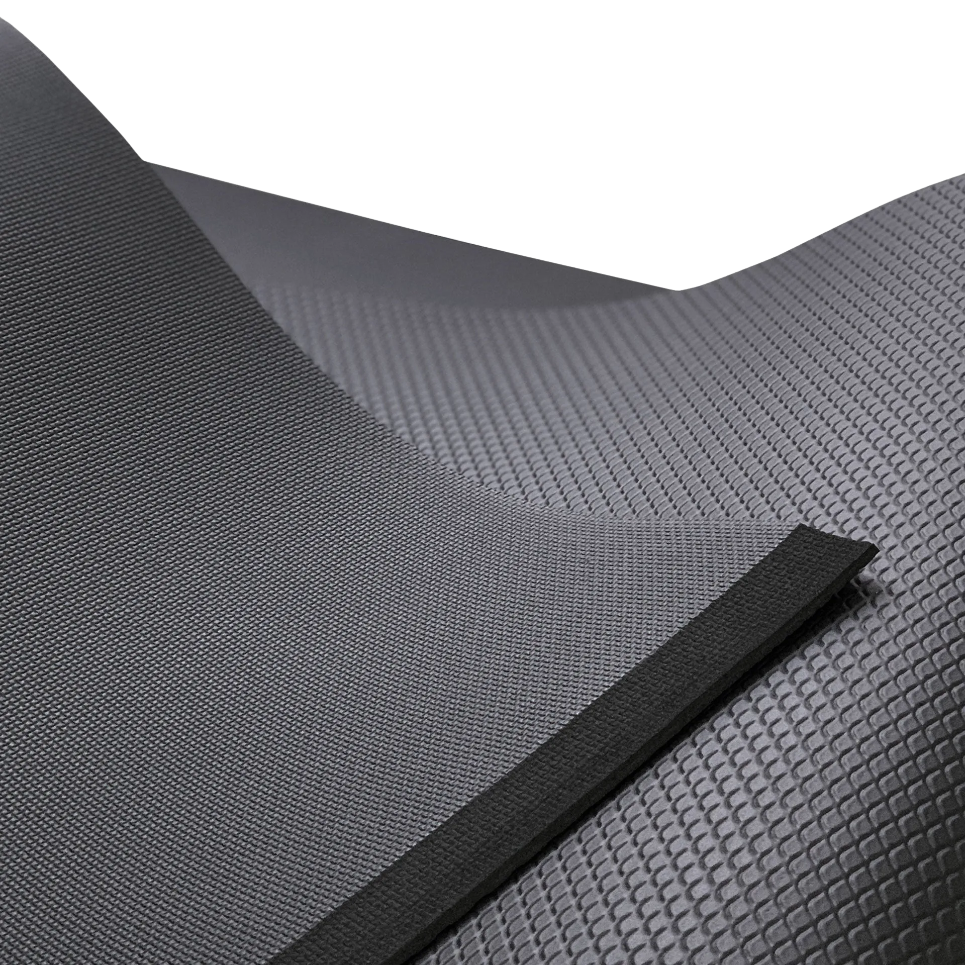 Detailaufnahme der Gymnastikmatte der Marke ARTZT thepro mit kontrastierender Oberflächenstruktur; die rutschfeste Unterseite und die fein strukturierte Oberseite sind im Querschnitt sichtbar und verdeutlichen Materialstärke sowie hochwertige Verarbeitung.