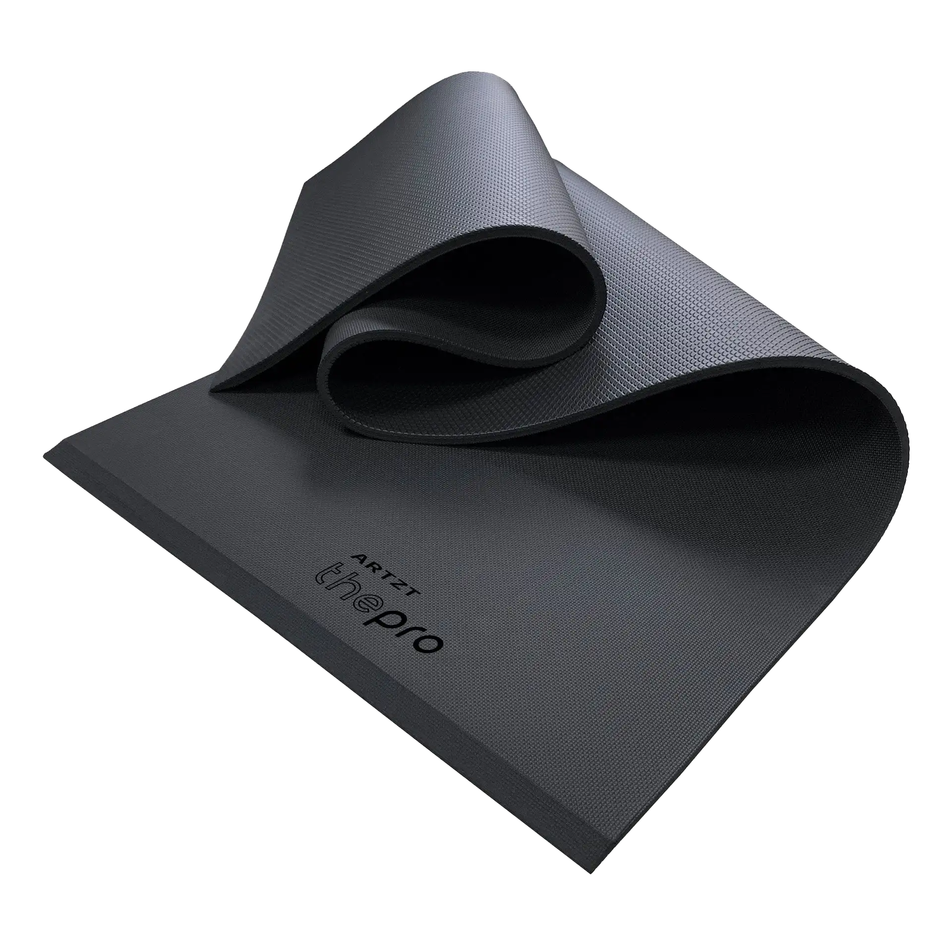Teilweise gefaltete schwarze Gymnastikmatte der Marke ARTZT thepro mit fein strukturierter, rutschfester Oberfläche; die flexible Matte ist ohne Ösen ausgeführt und zeigt das dezente Markenlogo auf der Oberfläche. #stil_ohne ösen