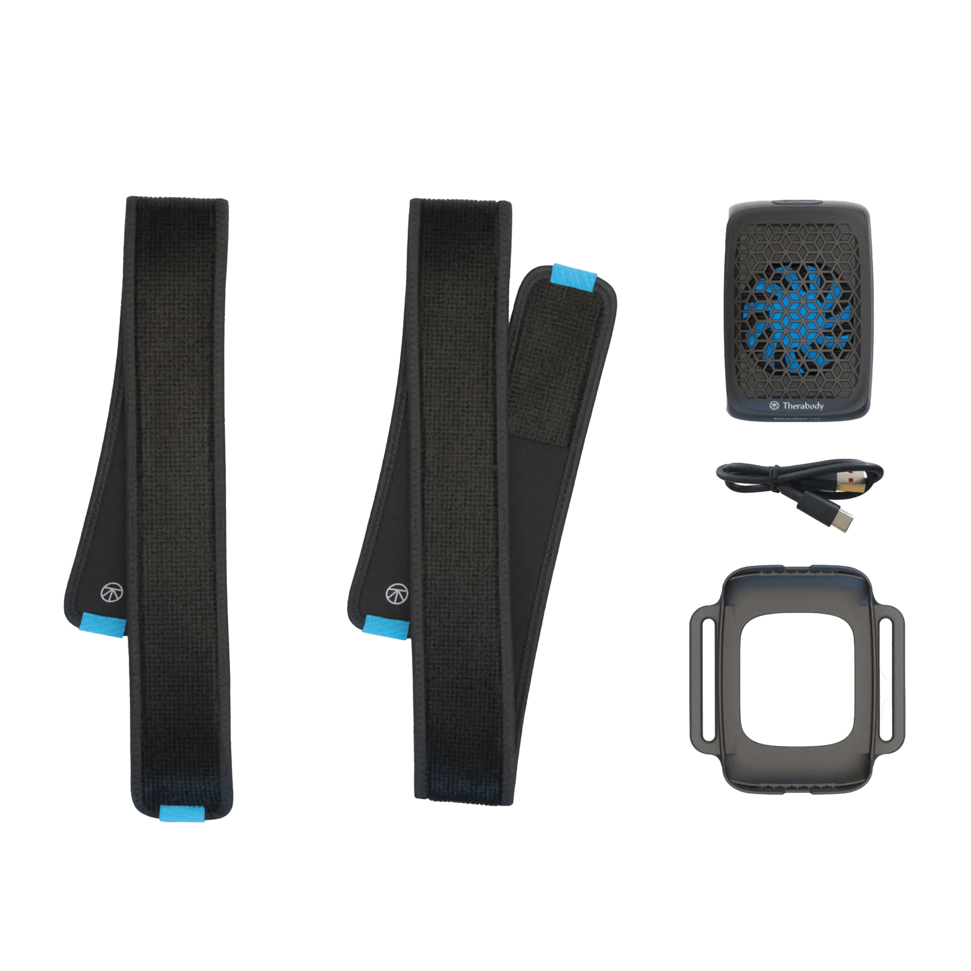 Lieferumfang der Therabody RecoveryTherm Cube Manschette: Das Gerät selbst, zwei Gurte, eine Gurthalterung sowie ein USB-Kabel
