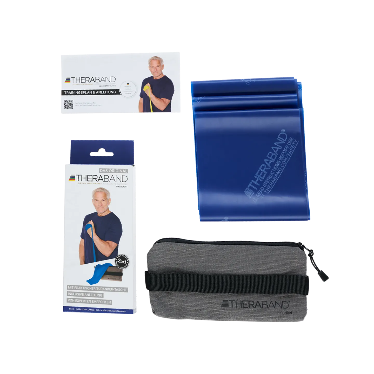 TheraBand Trainingsset in Blau mit 2,50 m langem Widerstandsband, Trainingsanleitung, Verpackung und grauer Transporttasche, auf weißem Hintergrund dargestellt. #farbe_blau