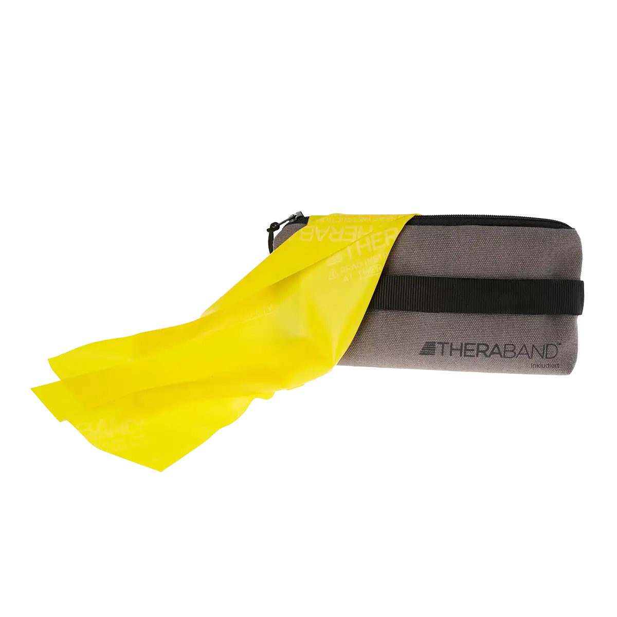 Gelbes TheraBand mit 2,50 m Länge und Transporttasche, flach ausgelegt vor weißem Hintergrund. #farbe_gelb