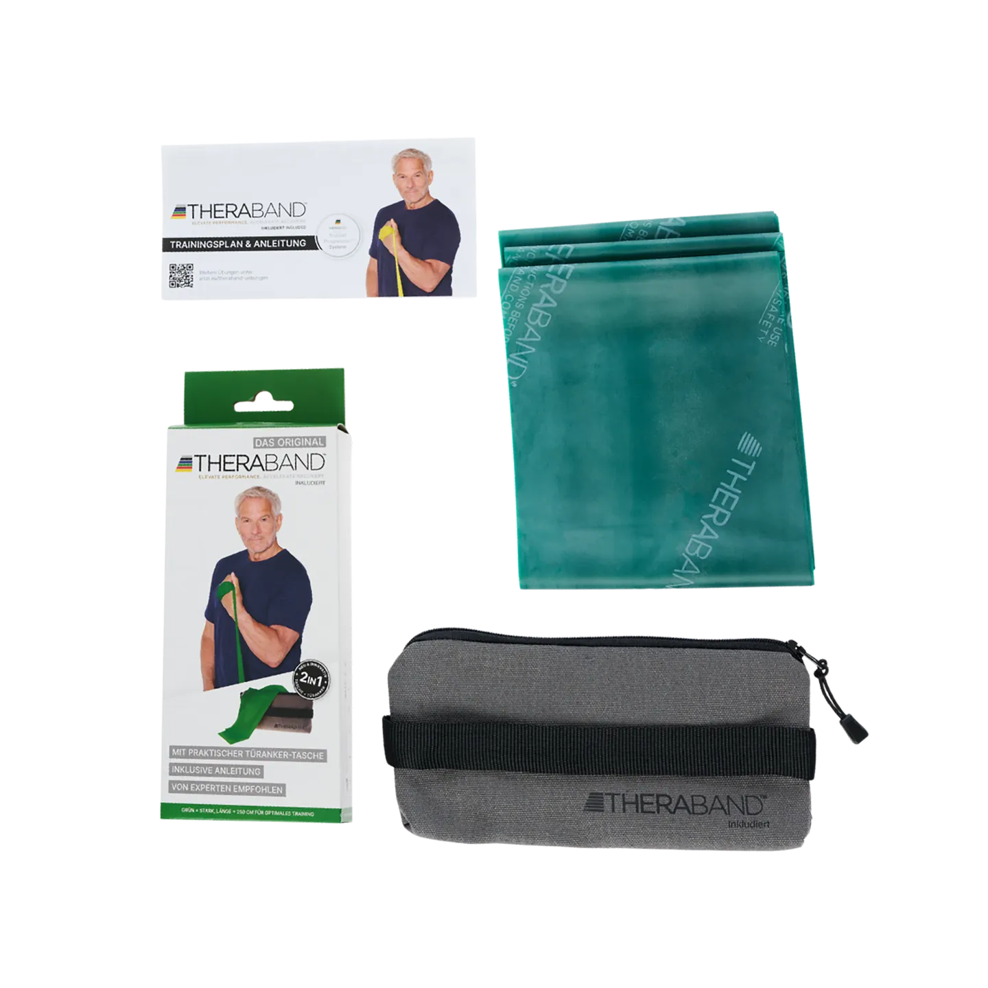 TheraBand Trainingsset in Grün mit 2,50 m langem Widerstandsband, Trainingsanleitung, Verpackung und grauer Transporttasche, auf weißem Hintergrund dargestellt. #farbe_grün