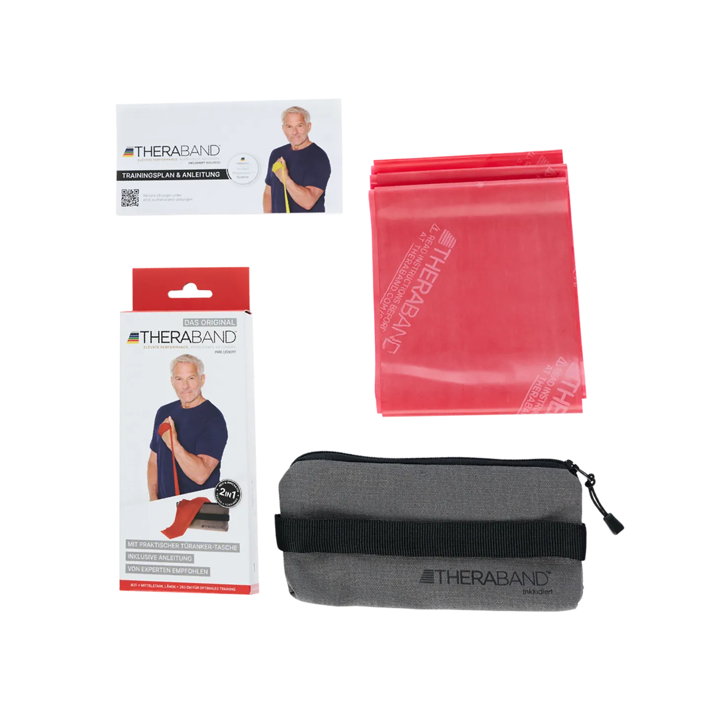 TheraBand Trainingsset in Rot mit 2,50 m langem Widerstandsband, Trainingsanleitung, Verpackung und grauer Transporttasche, auf weißem Hintergrund dargestellt. #farbe_rot