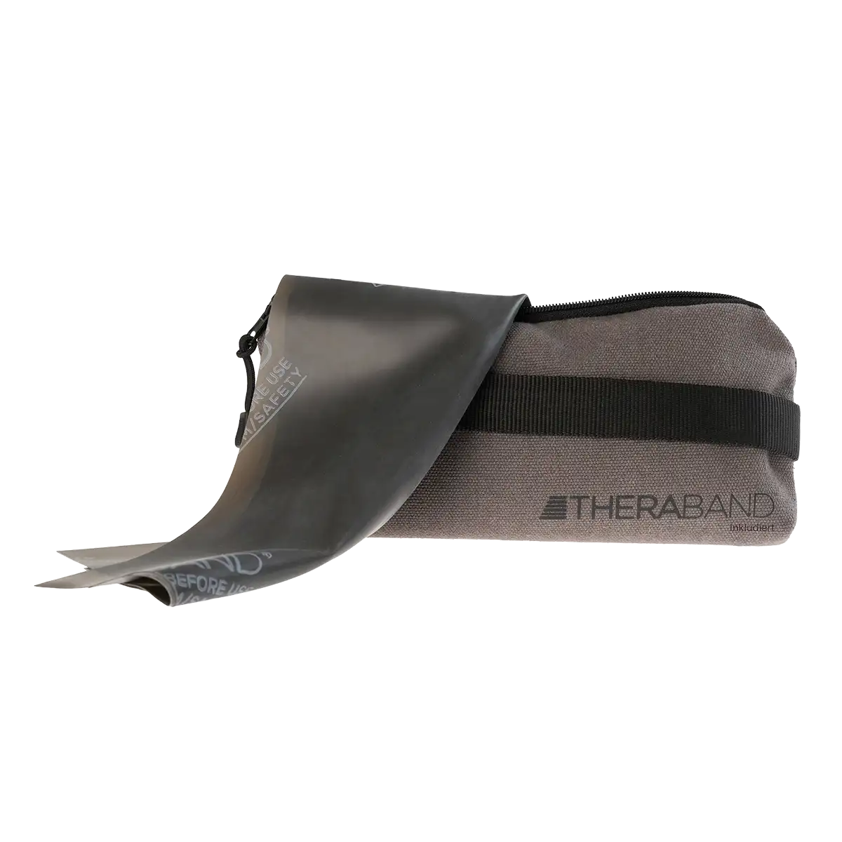 Schwarz TheraBand mit 2,50 m Länge und Transporttasche, flach ausgelegt vor weißem Hintergrund. #farbe_schwarz
