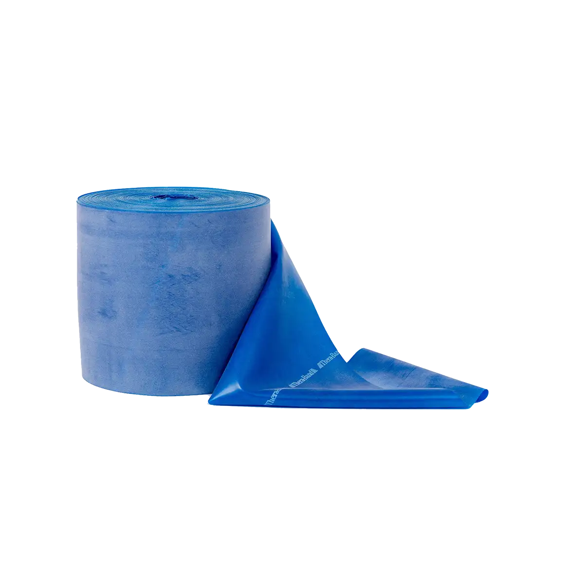 Blaue TheraBand Rolle mit 45,50 m Länge, teilweise abgerollt, auf weißem Hintergrund dargestellt. #farbe_blau