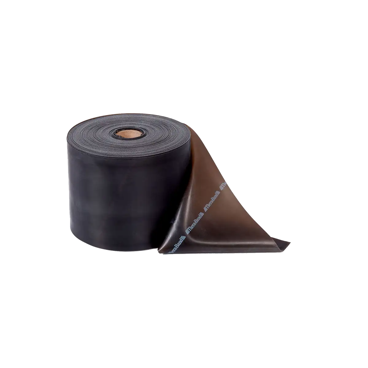 Schwarze TheraBand Rolle mit 45,50 m Länge, teilweise abgerollt, auf weißem Hintergrund dargestellt. #farbe_schwarz
