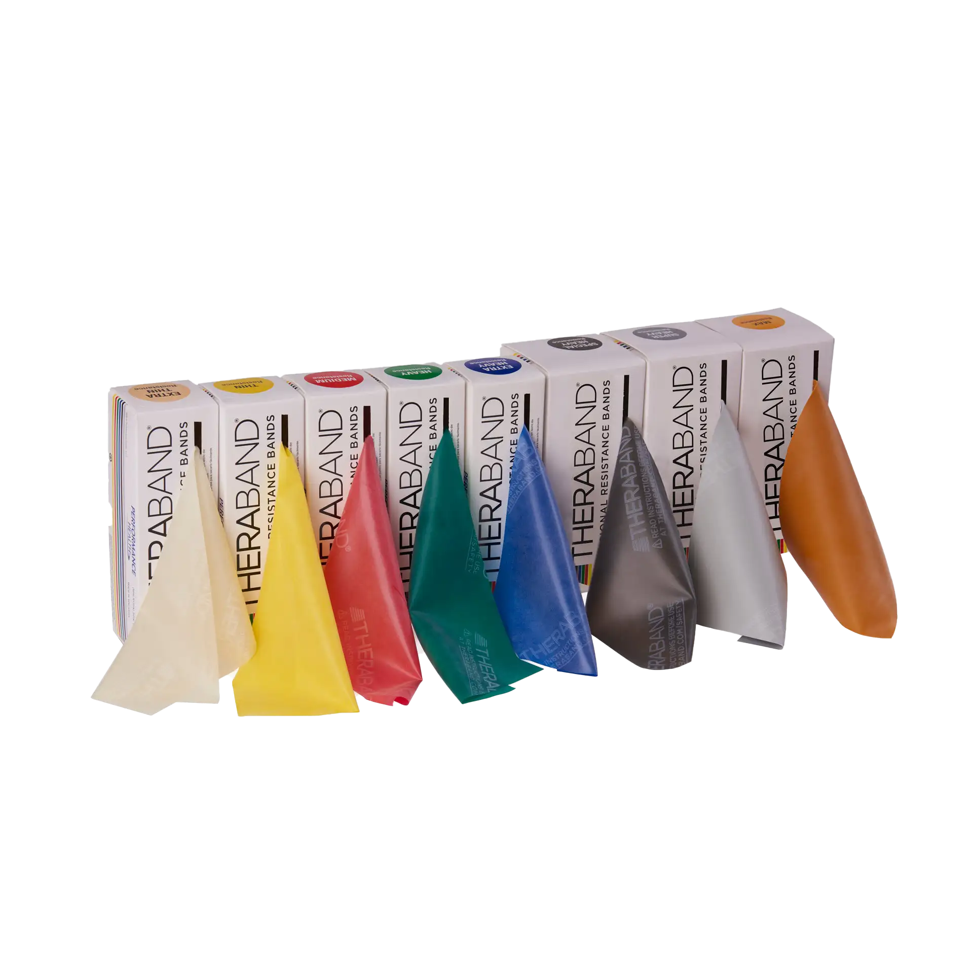 Alle Varianten von TheraBand 5,50 m nebeneinander auf transparentem Hintergrund