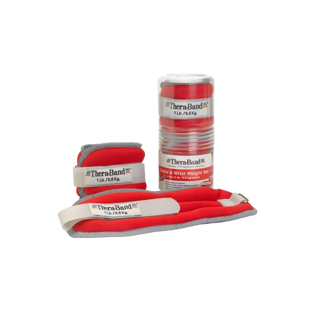THERABAND Gewichtsmanschetten in rot mit Verpackung auf transparentem Hintergrund. #gewicht_450 g