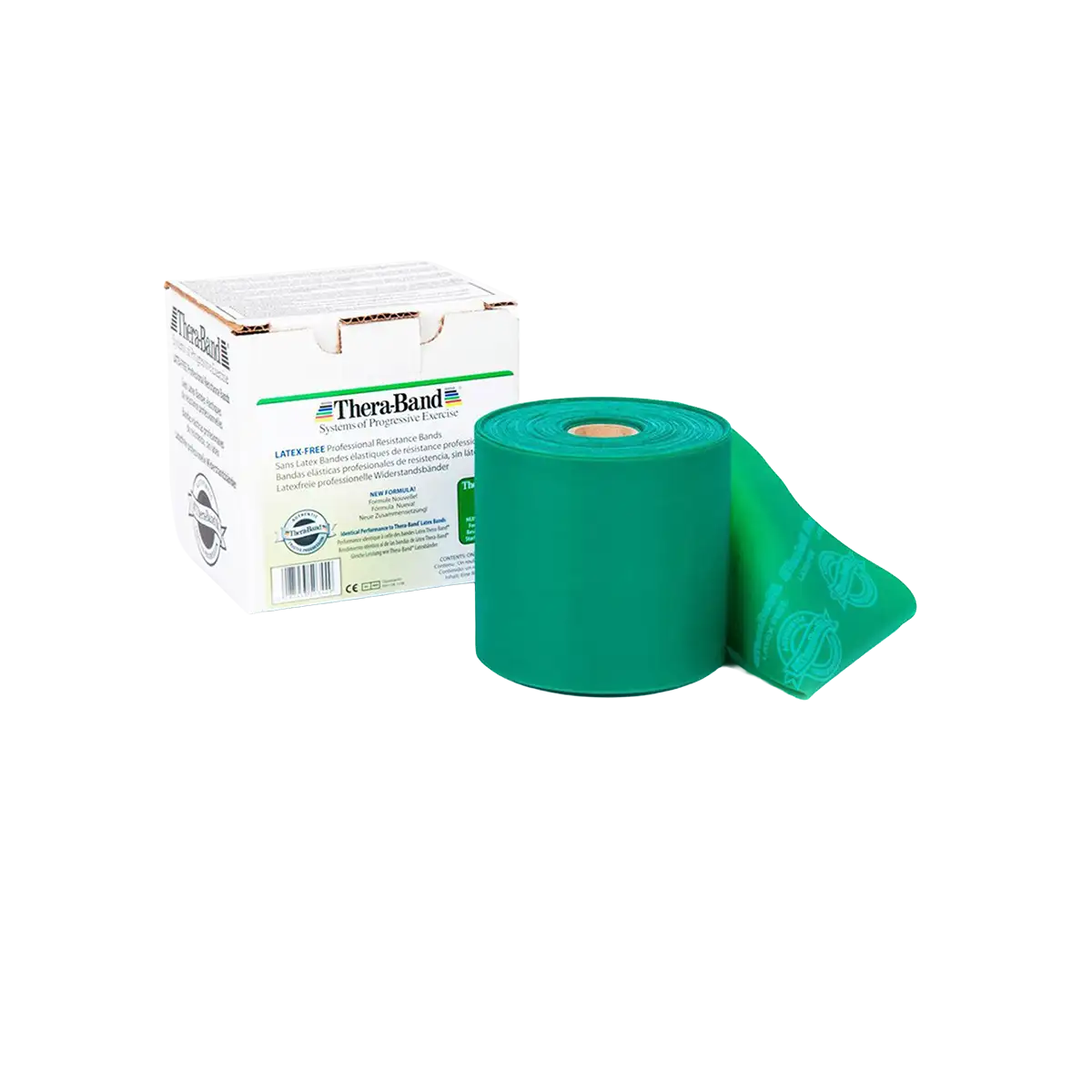 THERABAND Rolle 22,85 m in grün mit Verpackung auf transparentem Hintergrund. #farbe_grün