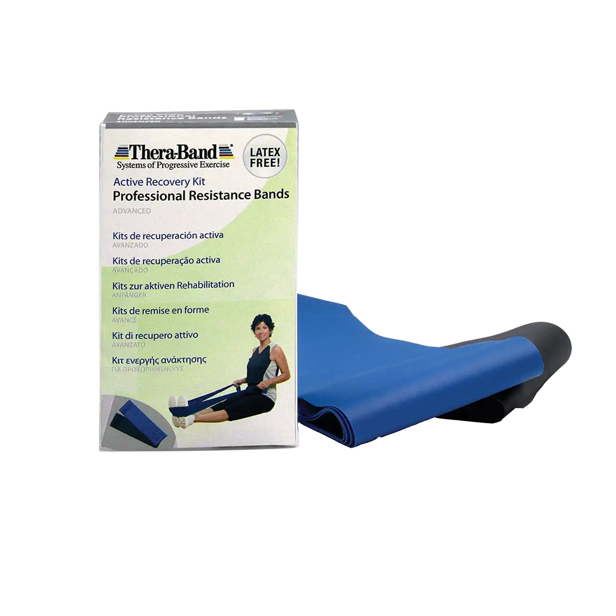 Zwei latexfreie Therabänder in blau und schwarz mit Verpackung auf transparentem Hintergrund.