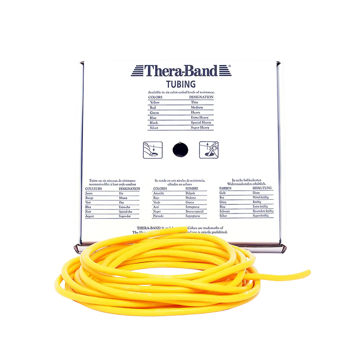 THERABAND Tubing 7,50 m in gelb mit Verpackung auf transparentem Hintergrund. #farbe_gelb
