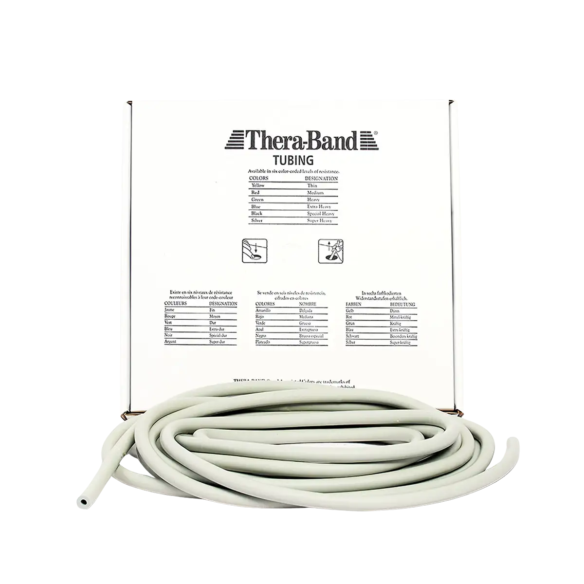 THERABAND Tubing 7,50 m in silber mit Verpackung auf transparentem Hintergrund. #farbe_silber