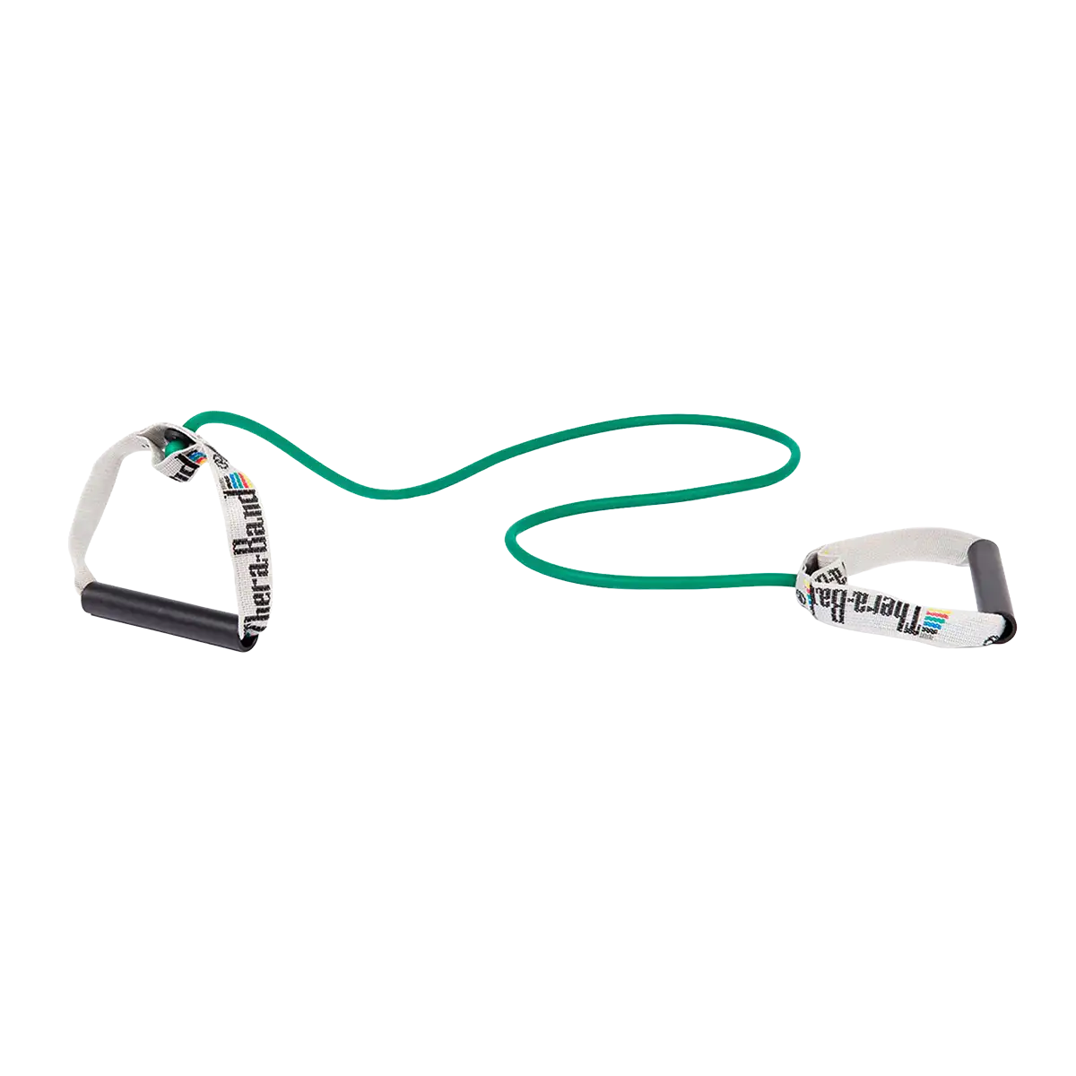 TheraBand Tubing mit festen Griffen (grün) auf transparentem Hintergrund. #farbe_grün