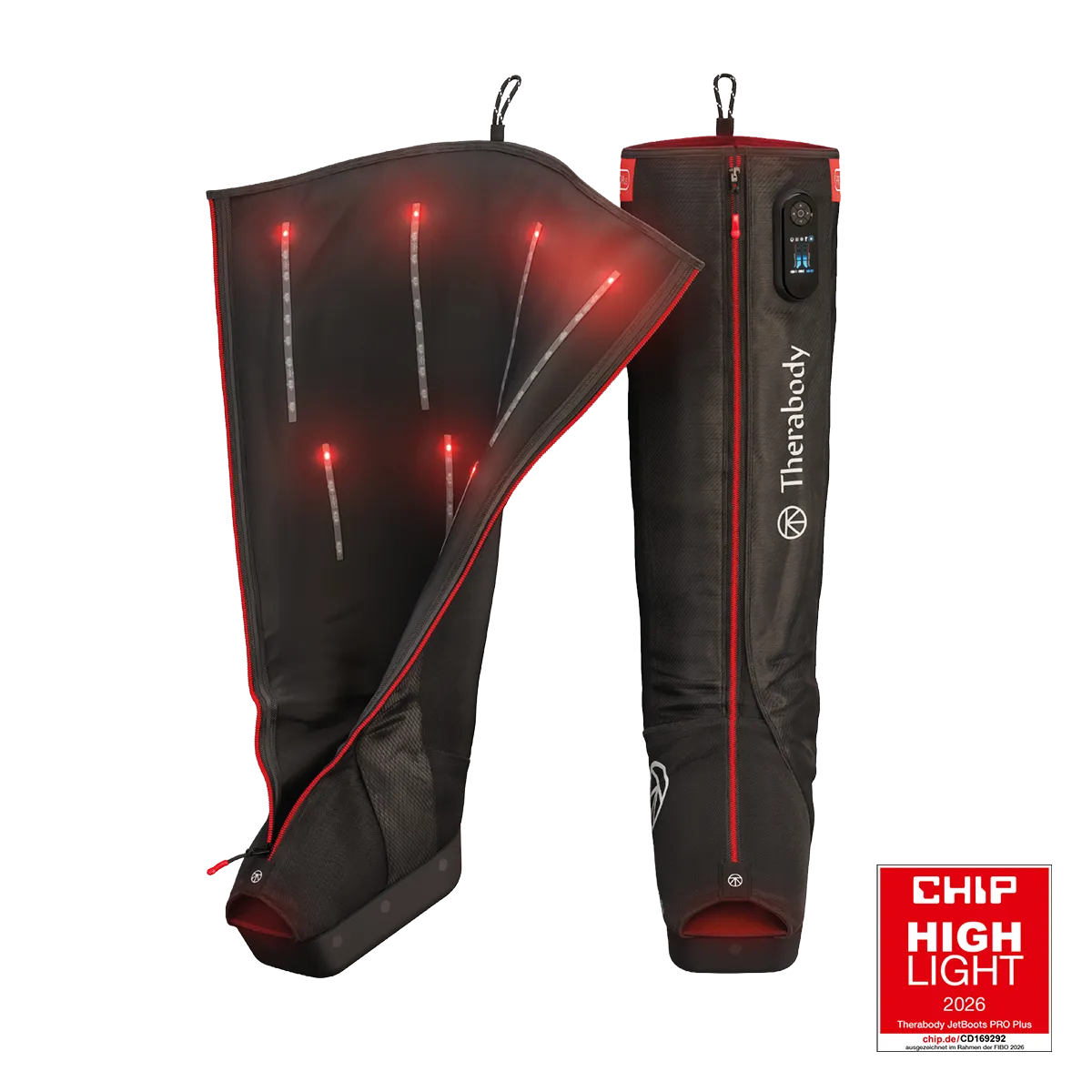 Therabody JetBoots Pro mit Siegel Chip Highlight 2026 auf transparentem Hintergrund.