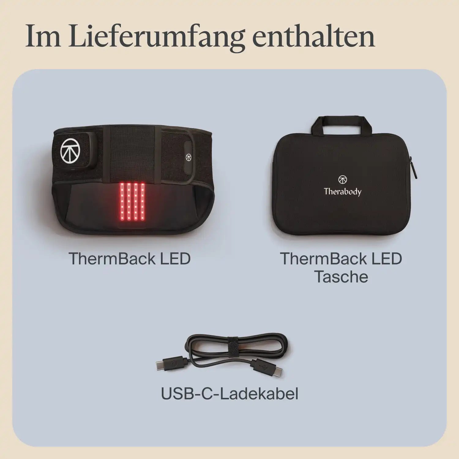 Therabody ThermBack LED Wärmegürtel Rückenbandage mit LED-Anzeige, Transporttasche und USB-C-Ladekabel als Bestandteil des Lieferumfangs übersichtlich dargestellt.
