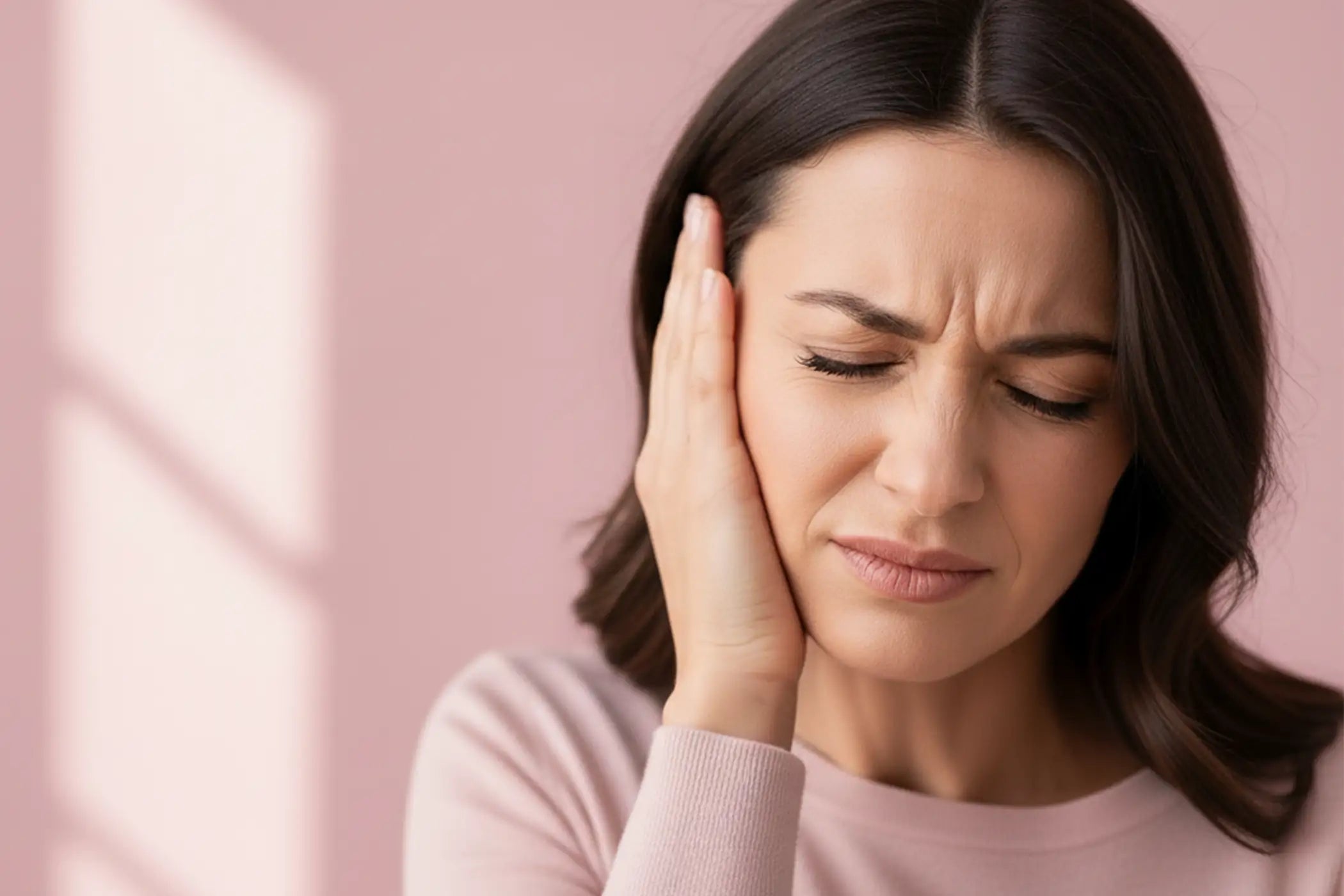 Frau fasst sich mit schmerzverzerrtem Gesicht mit der rechten Hand ans rechte Ohr, weil sie an Tinnitus leidet. (generiert mit KI)
