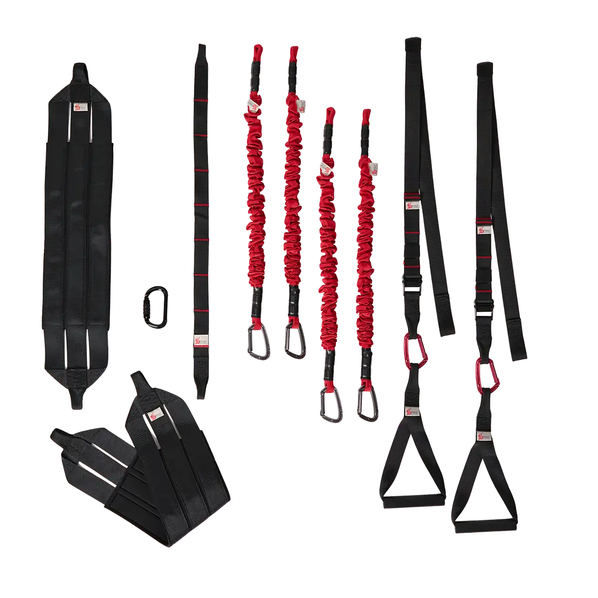 Lieferumfang des 4D PRO Bungee Schlingentrainers mit roten Bungee-Seilen, Griffschlaufen, Gurten, Karabinern und Hüftgurt auf transparentem Hintergrund.