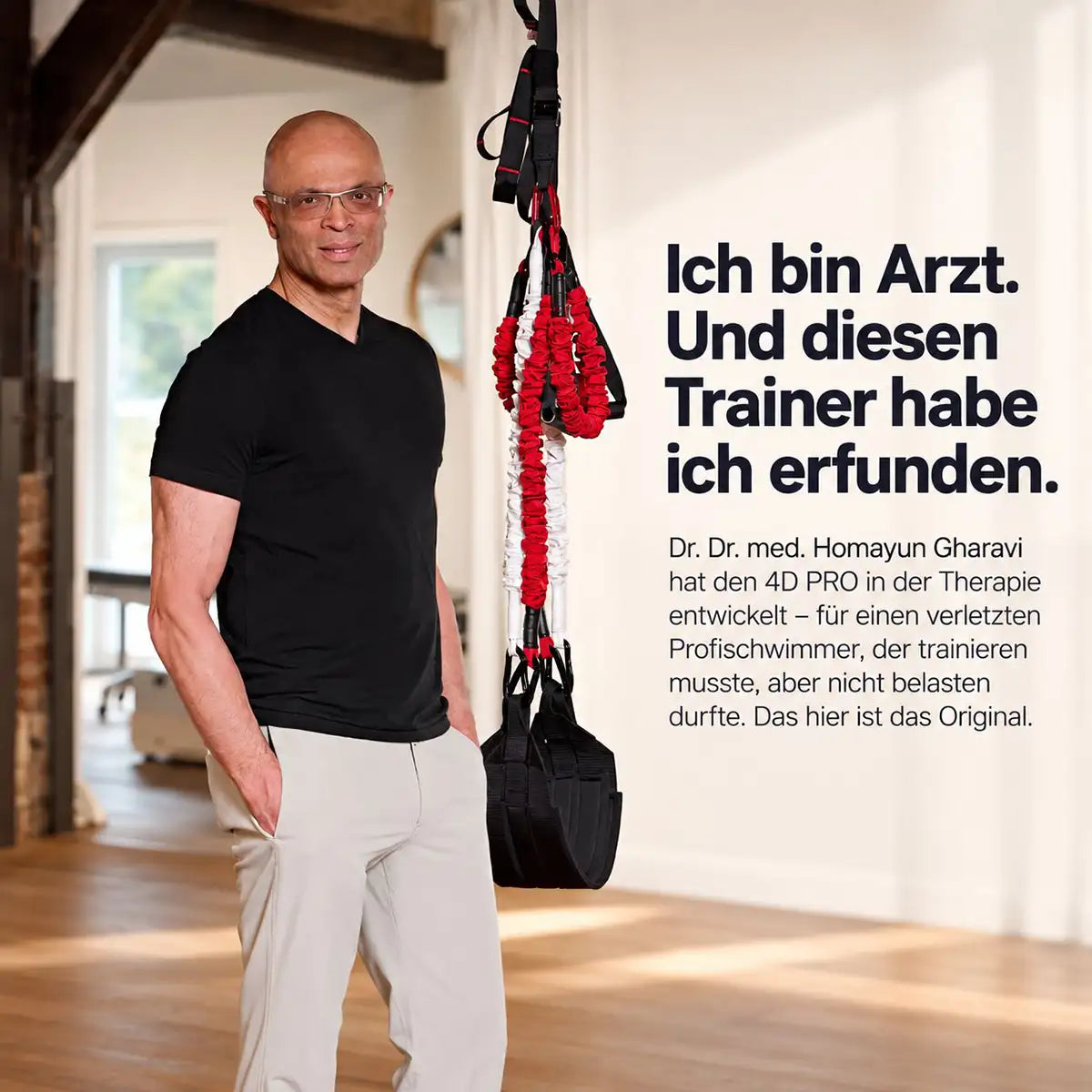 4D PRO Bungee Trainer mit Erfinder Dr. Dr. med. Homayun Gharavi neben dem Schlingentrainer: „Ich bin Arzt. Und diesen Trainer habe ich erfunden.“