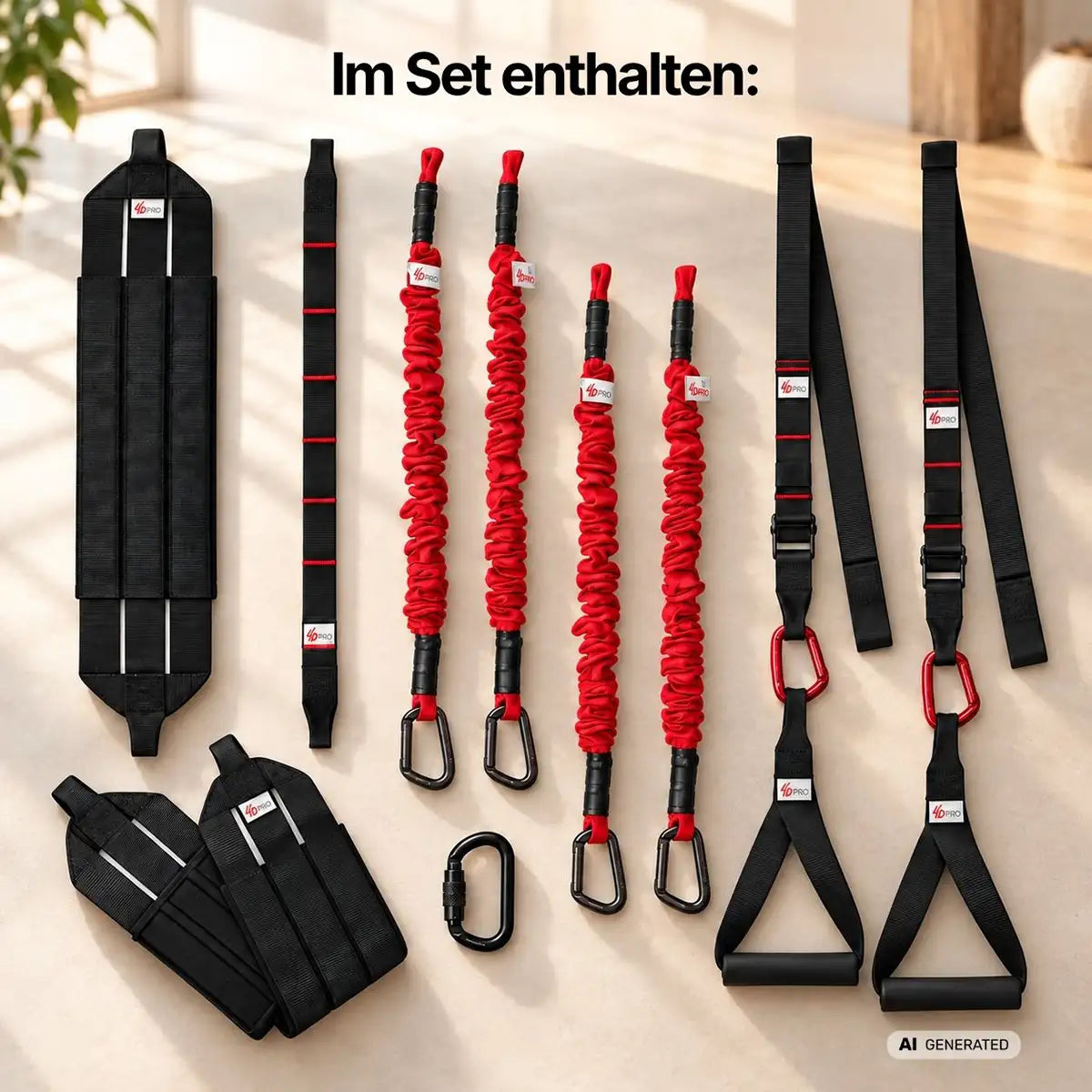 Lieferumfang 4D PRO Bungee Trainer Set: 4 rote Bungee-Seile, 2 Gurte mit Griffen, 3 gepolsterte Schlaufen, Verlängerungsgurt und Schraubkarabiner (generiert mit KI)