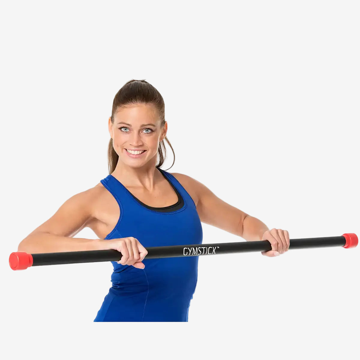 Frau benutzt Gymstick Aerobic Bar vor grauem Hintergrund