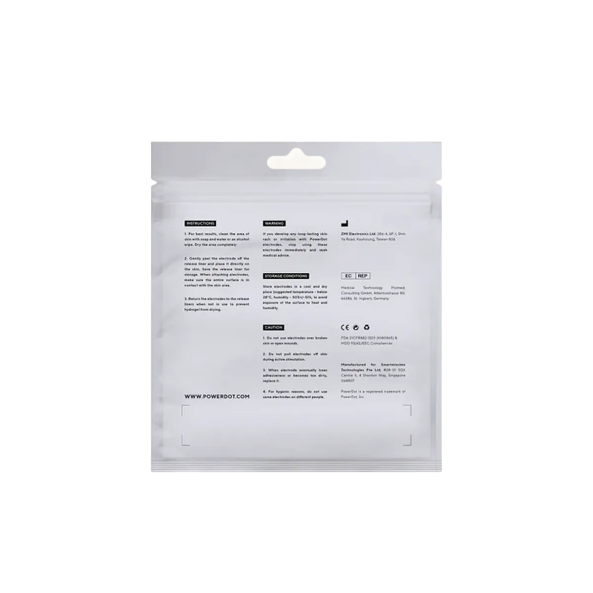 Rückseite Therabody PowerDot 2.0 Pad Pack blau in Verpackung auf transparentem Hintergrund.