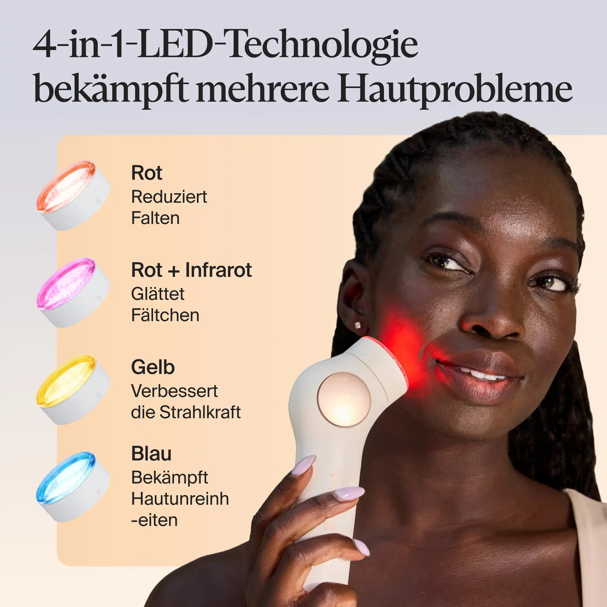 Therabody SkinSpa PRO Gesichtspflegegerät mit 4-in-1-LED-Aufsatz, Frau mit geflochtenem Haar, rotes Licht an der Wange. Vier Lichtmodi: Rot reduziert Falten, Rot plus Infrarot glättet Fältchen, Gelb verbessert die Strahlkraft, Blau bekämpft Hautunreinheiten