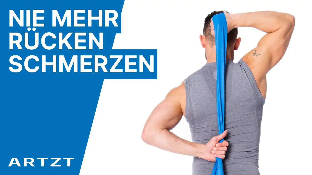 YouTube-Thumbnail: Mann auf weißem Hintergrund zieht ein TheraBand hinter seinem Rücken vertikal auseinander. Daneben stehend: NIE MEHR RÜCKENSCHMERZEN