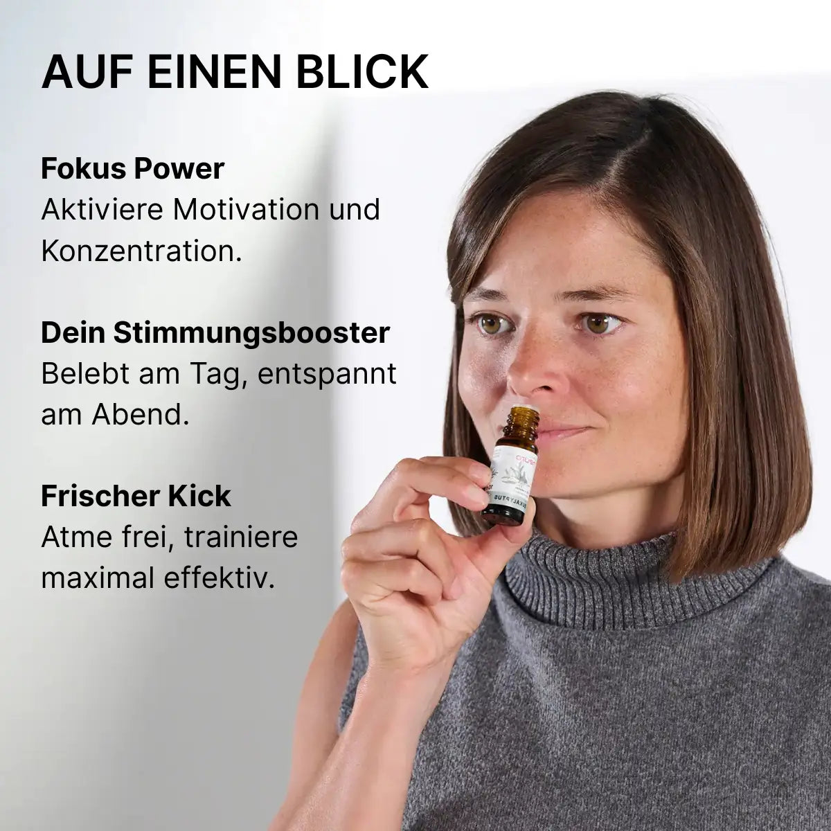 Frau verwendet ätherisches Öl zur Steigerung von Fokus, Motivation und Entspannung – natürlicher Stimmungsbooster für Training und Alltag.