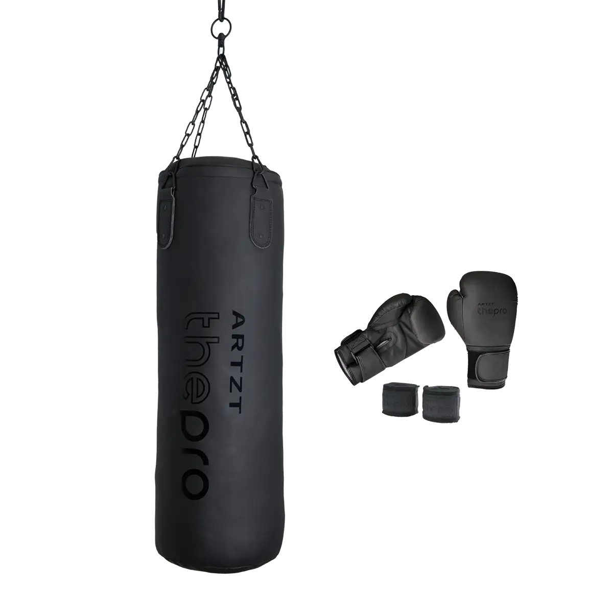 ARTZT thepro Boxsack, freihängend an Ketten, kombiniert mit schwarzen Boxhandschuhen und Boxbandagen, als Set vor neutralem Hintergrund dargestellt.