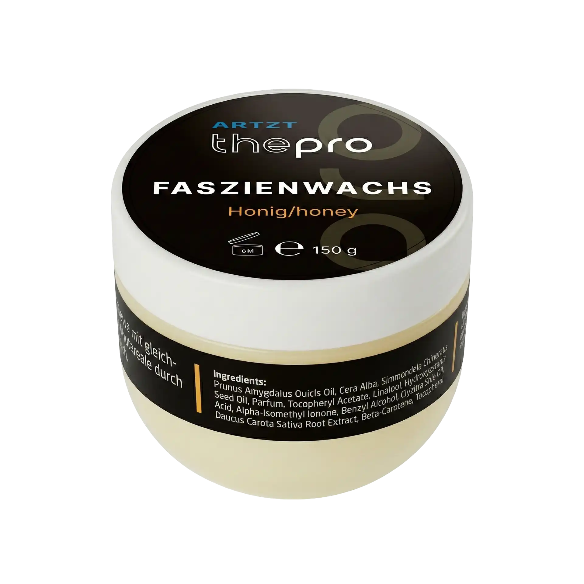 Dose Faszienwachs Faszien Massage Gel „Honig/Honey“ von ARTZT thepro mit 150 ml Inhalt, weißer Schraubdeckel und transparentes Gel im Inneren, Produktetikett mit Inhaltsangaben sichtbar.