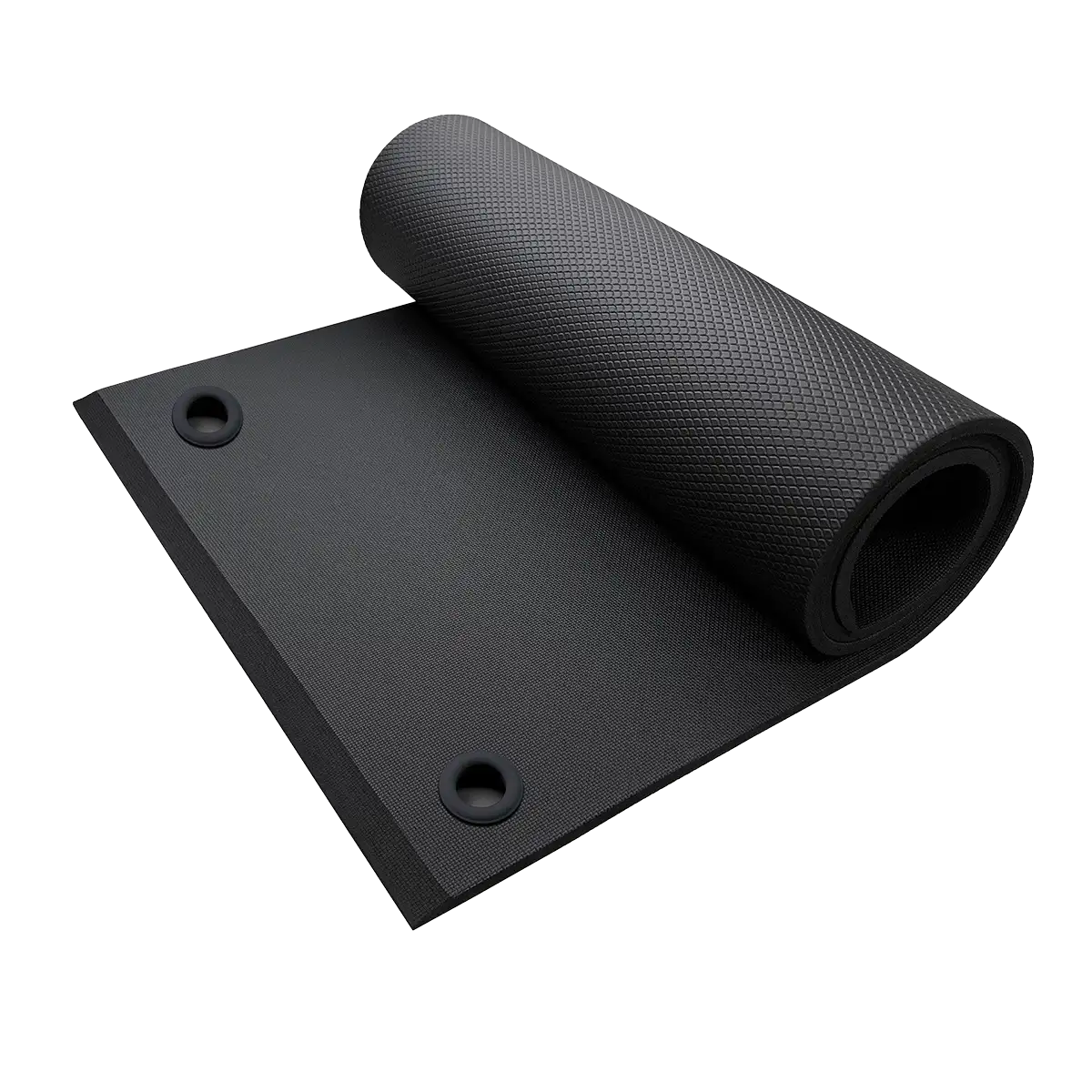 Teilweise aufgerollte schwarze Gymnastikmatte der Marke ARTZT thepro mit strukturierter, rutschfester Oberfläche; zwei integrierte Ösen an der Schmalseite ermöglichen die Aufhängung zur platzsparenden Aufbewahrung. Die Matte ist freigestellt dargestellt. #stil_mit ösen
