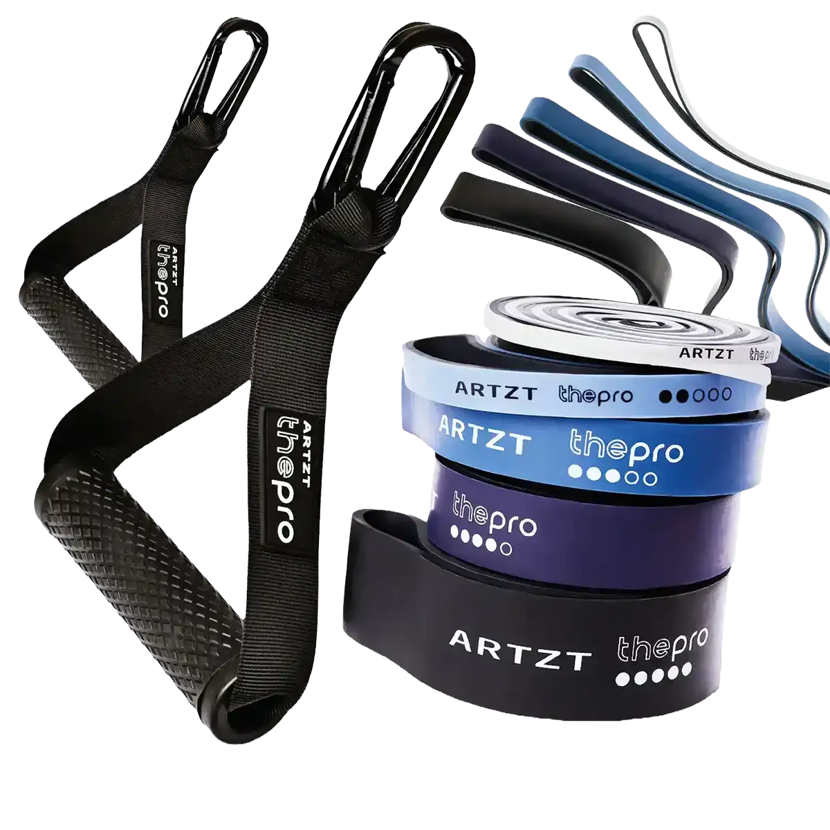 ARTZT thepro Power Band Set, bestehend aus fünf Bändern (schwarz, dunkelblau, blau, hellblau, hellgrau) und zwei Griffen auf transparentem Hintergrund