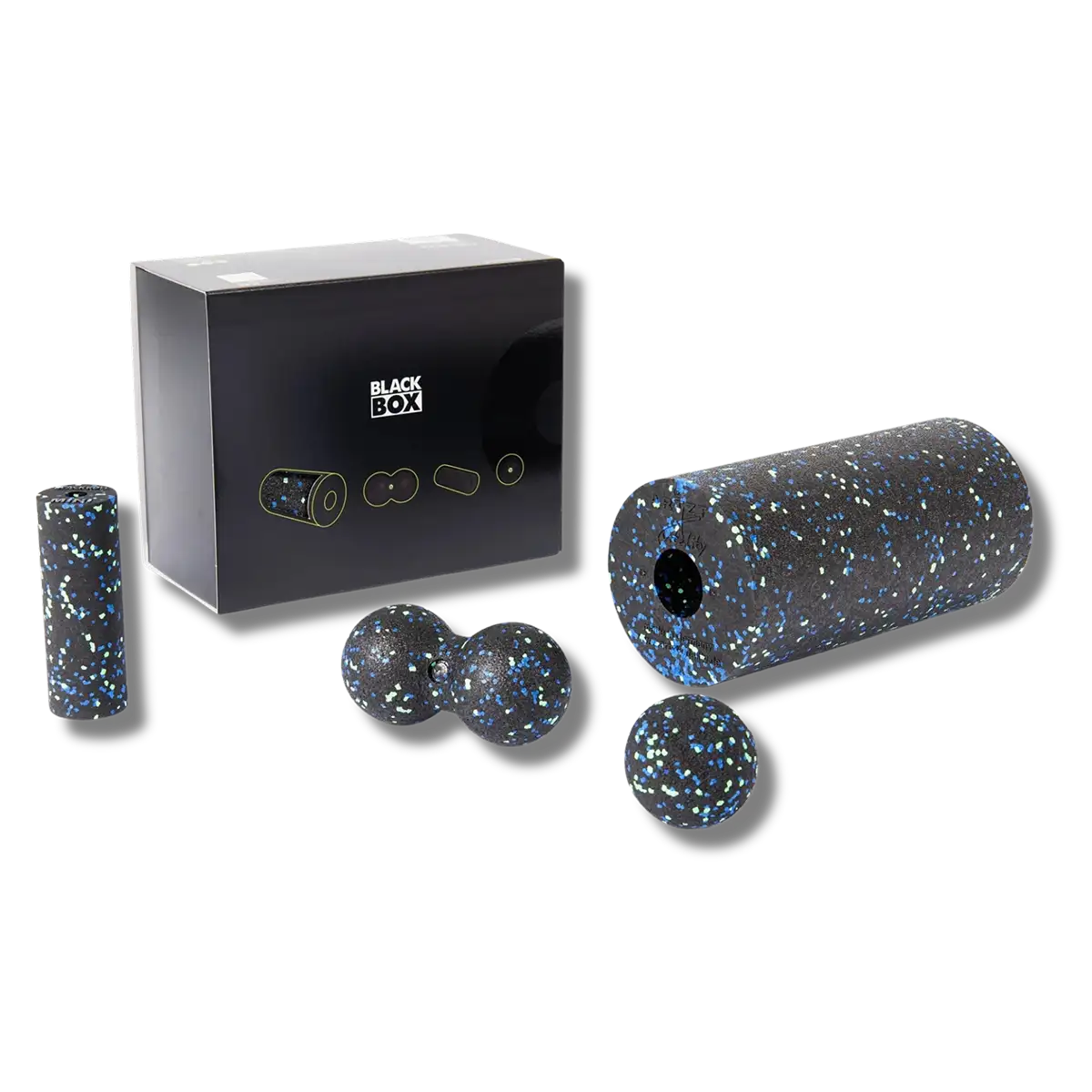 BLACKROLL Standard und Mini Faszienrollen sowie Ball und Duoball lieben neben der Verpackung der BLACKBOX