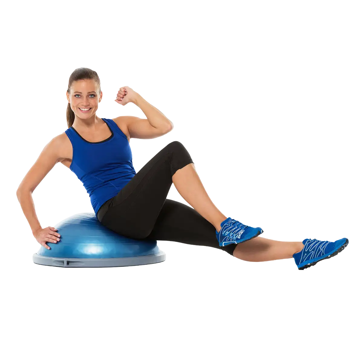 Eine Frau sitzt auf einem BOSU Bosuball PRO Balance Trainer 