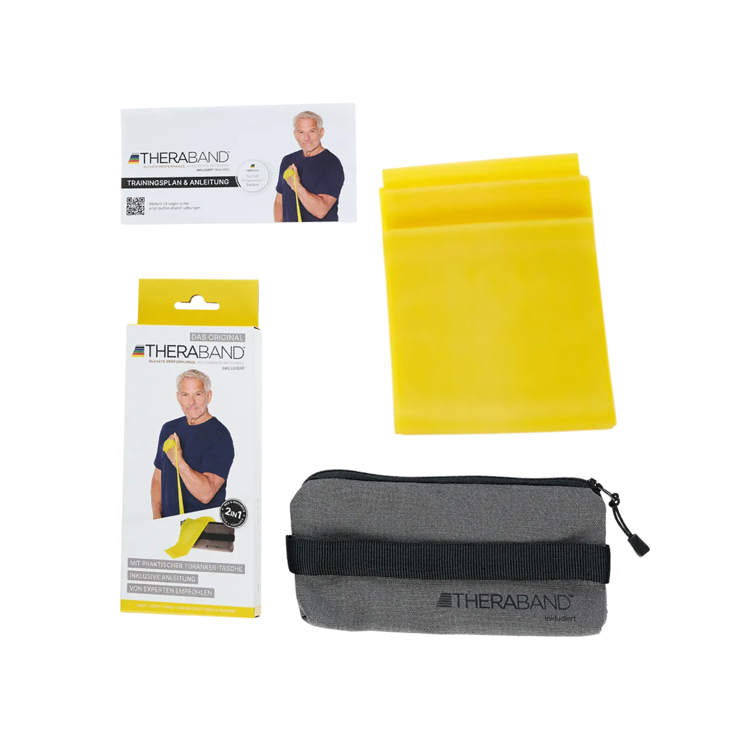 TheraBand Trainingsset in Gelb mit 2,50 m langem Widerstandsband, Trainingsanleitung, Verpackung und grauer Transporttasche, auf weißem Hintergrund dargestellt. #farbe_gelb
