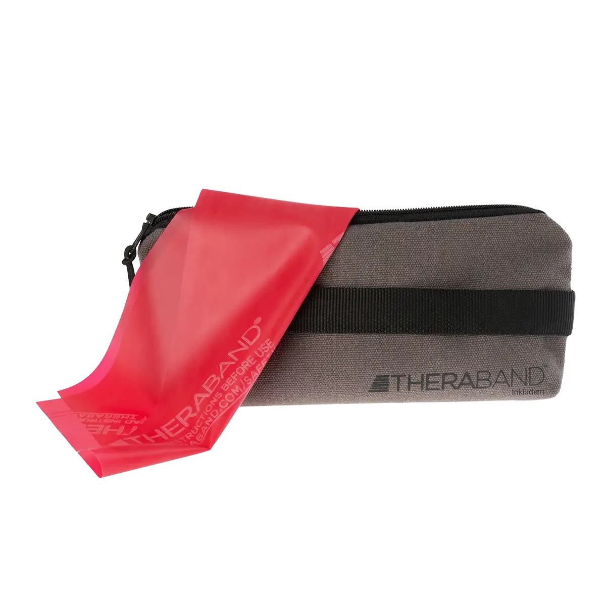 Rotes TheraBand mit 2,50 m Länge und Transporttasche, flach ausgelegt vor weißem Hintergrund. #farbe_rot