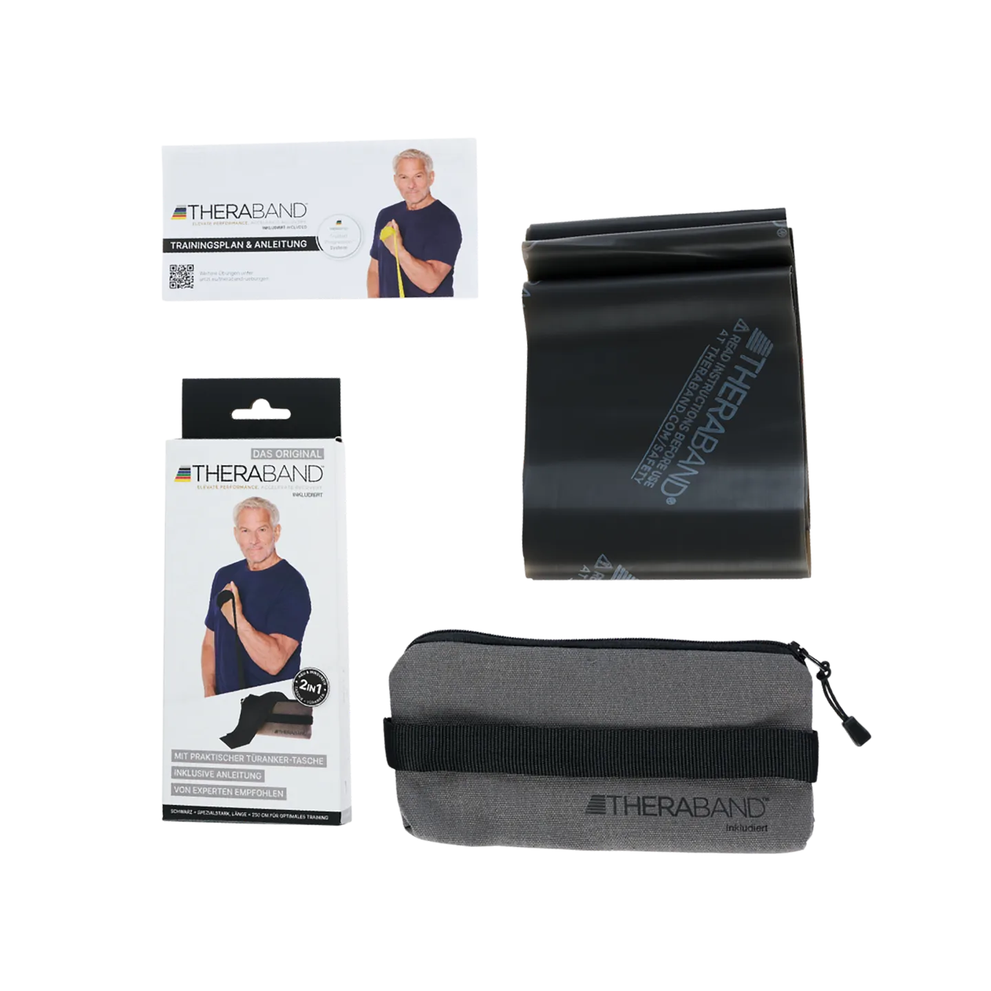 TheraBand Trainingsset in Schwarz mit 2,50 m langem Widerstandsband, Trainingsanleitung, Verpackung und grauer Transporttasche, auf weißem Hintergrund dargestellt. #farbe_schwarz
