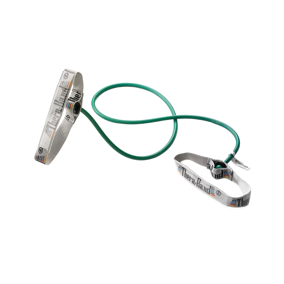 THERABAND Bodytrainer Tubing in grün mit flexiblen Griffen auf transparentem Hintergrund. #farbe_grün