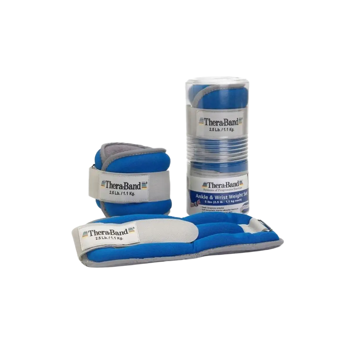 THERABAND Gewichtsmanschetten in blau mit Verpackung auf transparentem Hintergrund. #gewicht_1130 g