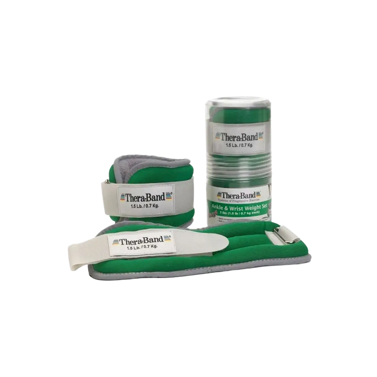 THERABAND Gewichtsmanschetten in grün mit Verpackung auf transparentem Hintergrund. #gewicht_680 g