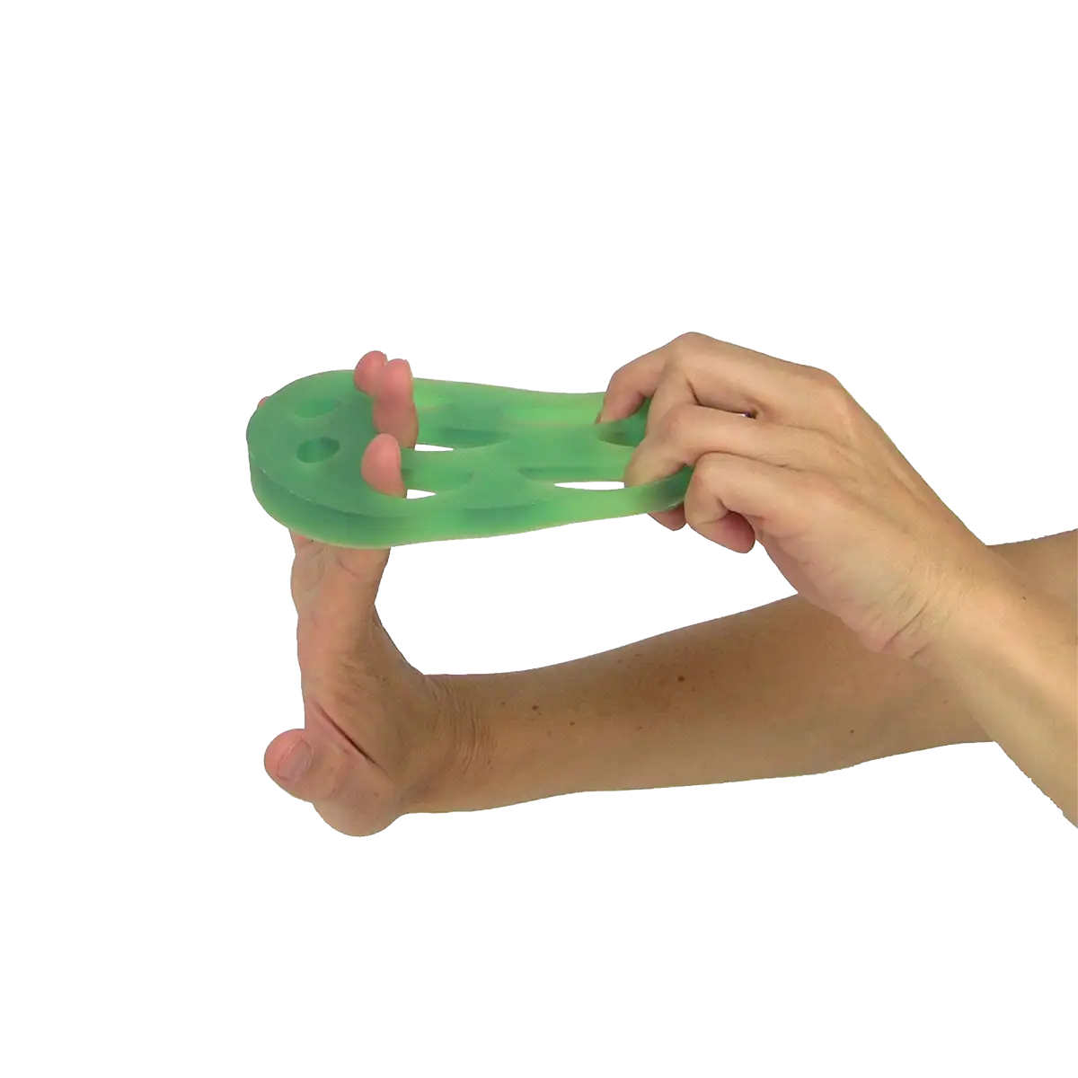 Nahaufnahme TheraBand Hand XTrainer in grün in Anwendung. #farbe_grün